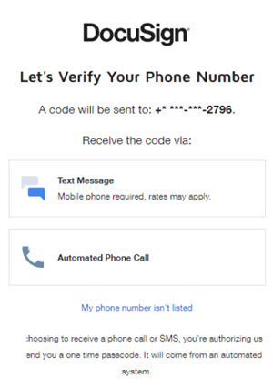 The DocuSign verify mobile number screen. 